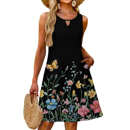 OIOLOYJM Swimsuit Coverup for Women Crew Neck Eyelet Sun Dress Boho Sleeveless Casual Tunic Dress Floral Print Vacation Outfits with Pockets Black XL
