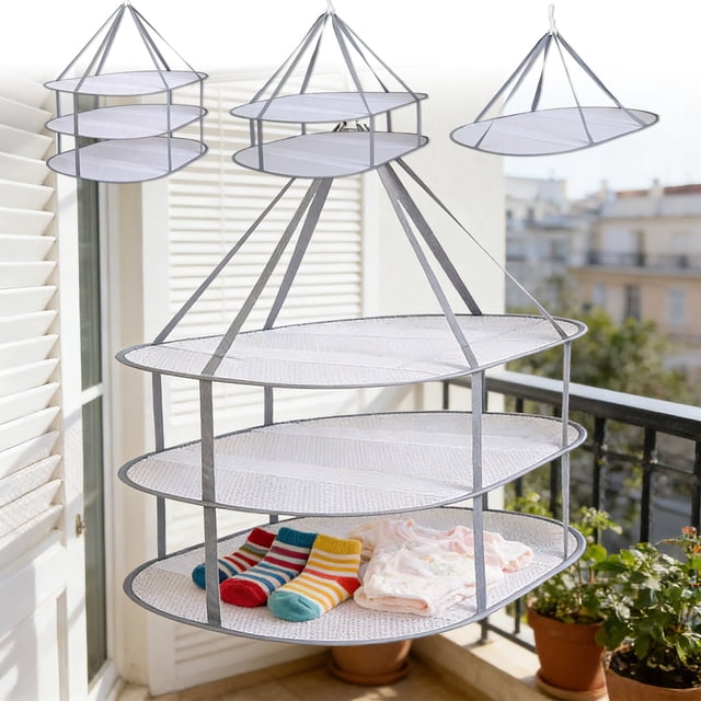 Yrmaups 3Pcs Clothes Drying Basket for Balcony, Breathable Mesh Laundry Basket, Foldable Drying Net for Sweaters, Windproof Drying Rack for Home