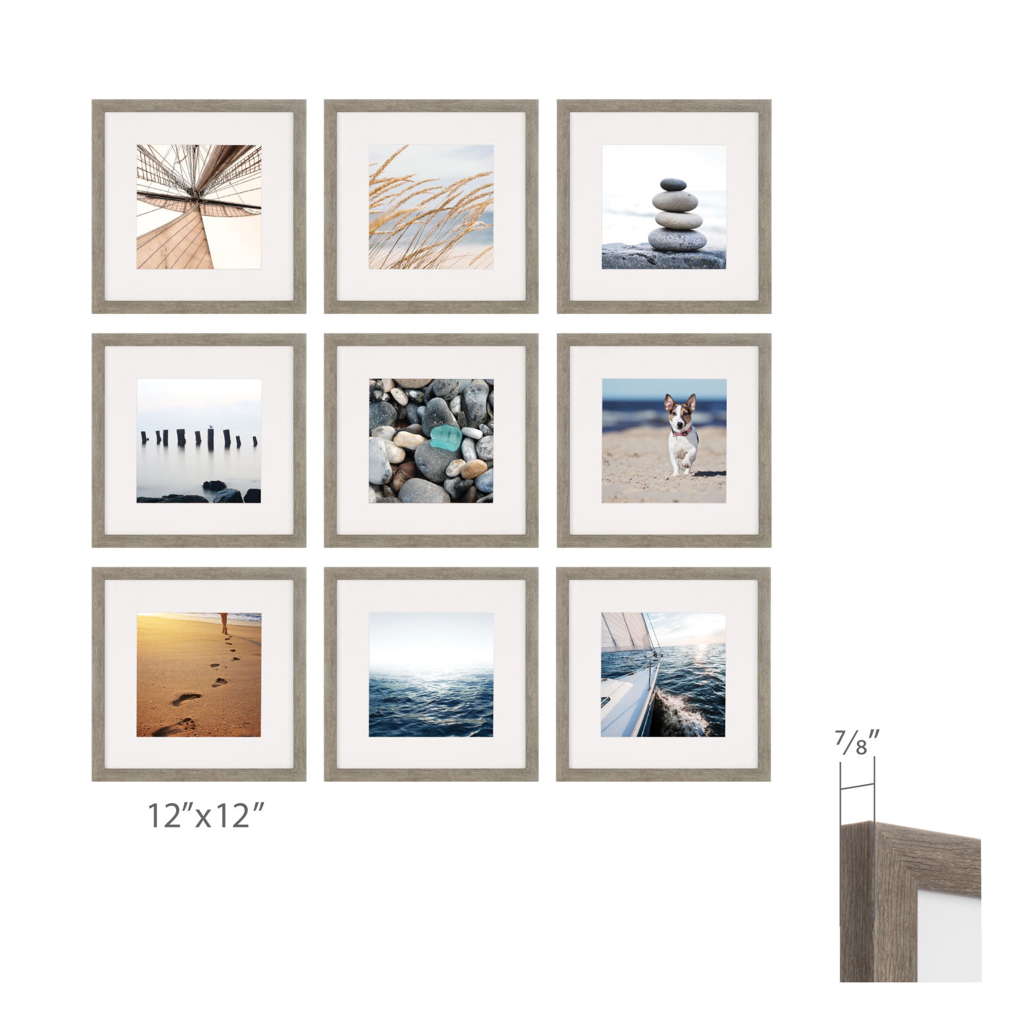 Instapoints 9 Piece Gallery Wall 8" x 8" Picture Frame Set with Decorative Art Prints & Hanging Template