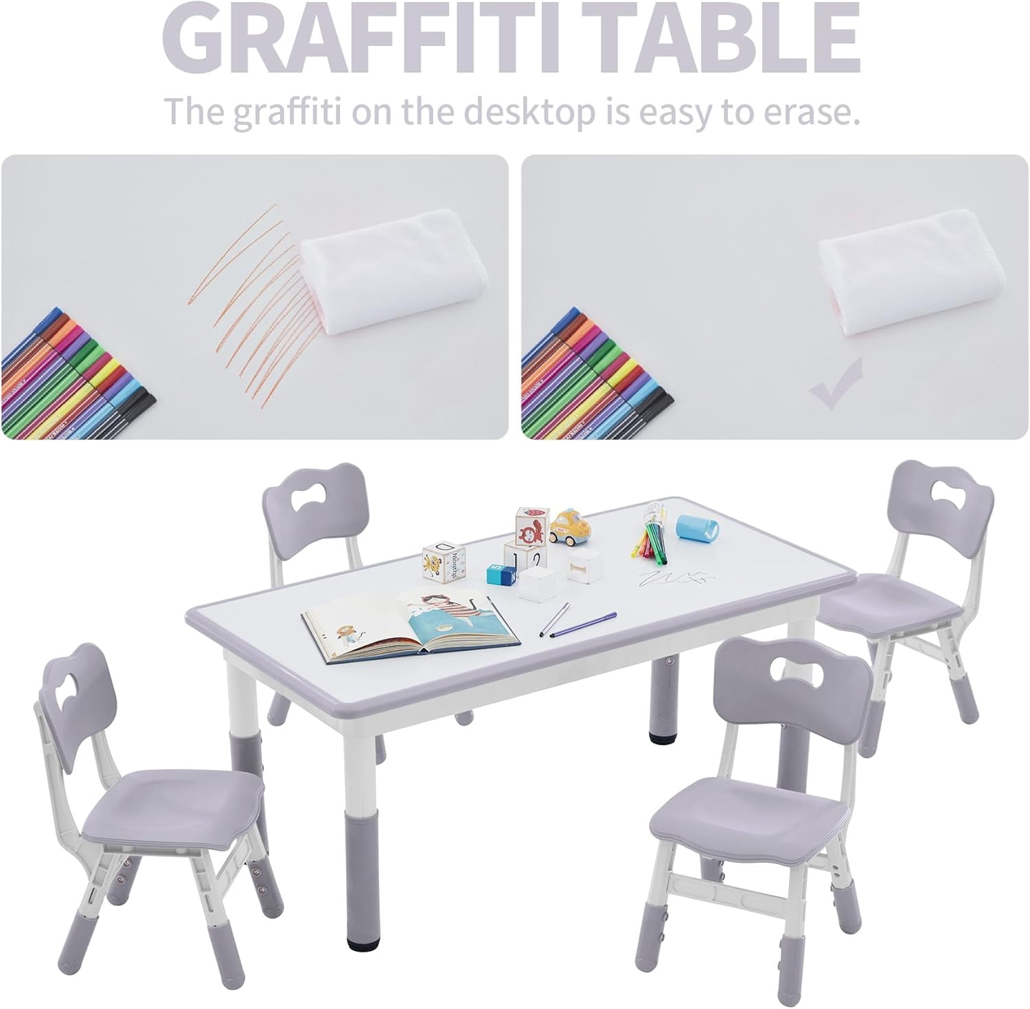 AINUO Toddler Table and Chairs Set for 4, 47.2''L x 23.6''W Kids Study Table and Chair Set, Height-Adjustable, Graffiti Desktop, Children Activity Table for Daycare, Classroom, Home