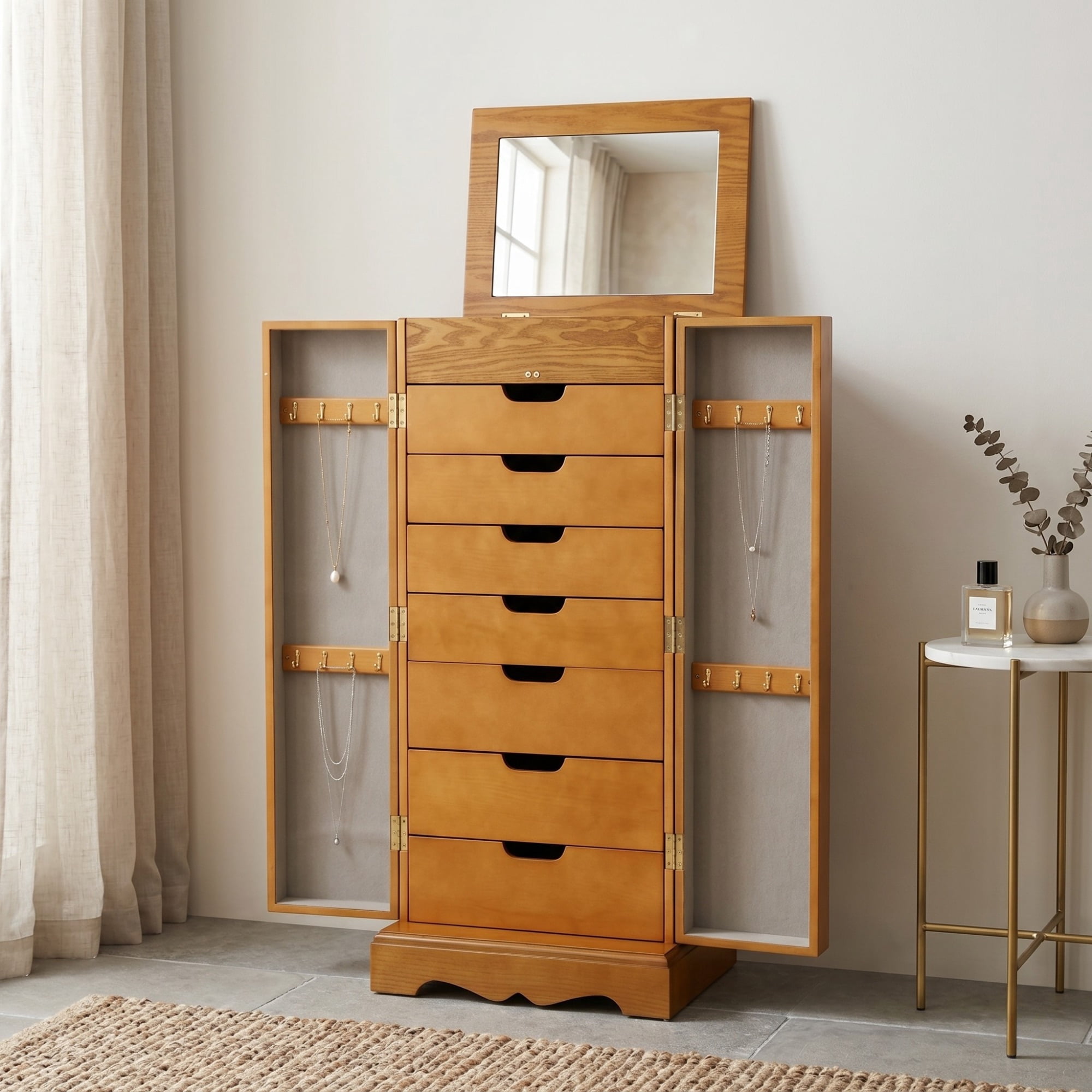 Hives & Honey Chelsea Standing Jewelry Armoire, Walnut - 7-Drawer Storage Cabinet with Mirror, Adult