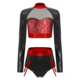 thumbnail image 3 of YiZYiF Womens 2 Piece Metallic Shiny Rave Outfits Long Sleeve Crop Top with Booty Shorts Clubwear Red XXL, 3 of 6