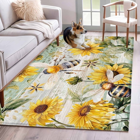 3'x5' Area Rugs, Sunflower Bee Indoor Outdoor Area Rug for Living Room Bedroom, Vintage Summer Botanical Farmhouse Washable Bathroom Rugs Kitchen Floor Carpet Mats Home Decor Aesthetic