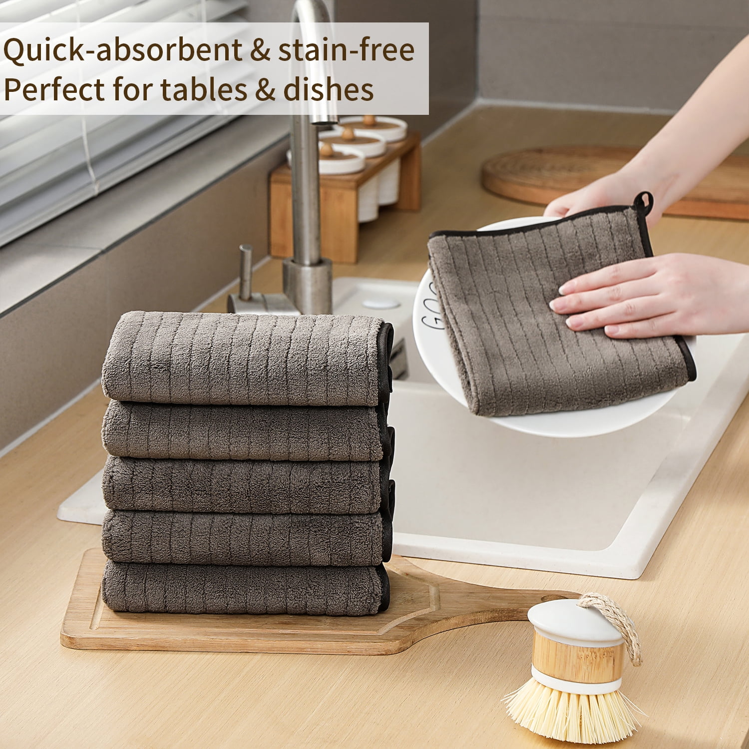 Jessy Home 6 Pack Brown Stripe Washcloths for Bathroom 13x13 Inch Ultra Soft Hand Face Towels