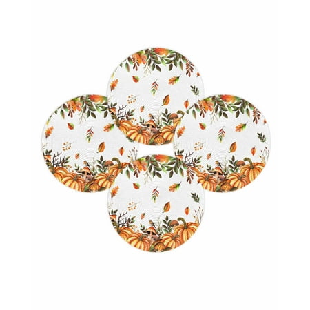 Fall Round Placemats Set of 4 Pumpkin Mushroom Place Mats Thanksgiving Woven Placemat Farm Bird Orange Maple Leaves Circle Braided Table Mat for Kitchen Dining Table Autumn Party Home Decor 15 Inch