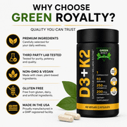 Green Royalty Vitamin D3 10,000 IU + Vitamin K2 200 mcg Softgels, High Potency Dietary Supplement, 60 Easy-to-Swallow Softgels