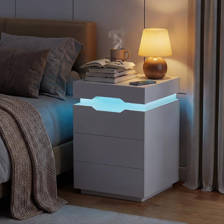 Lacoo Modern End Table with LED Lights & Charging Station, White Nightstand with 3 Drawers & Upper Storage for Living Room Bedroom, 3 Drawer