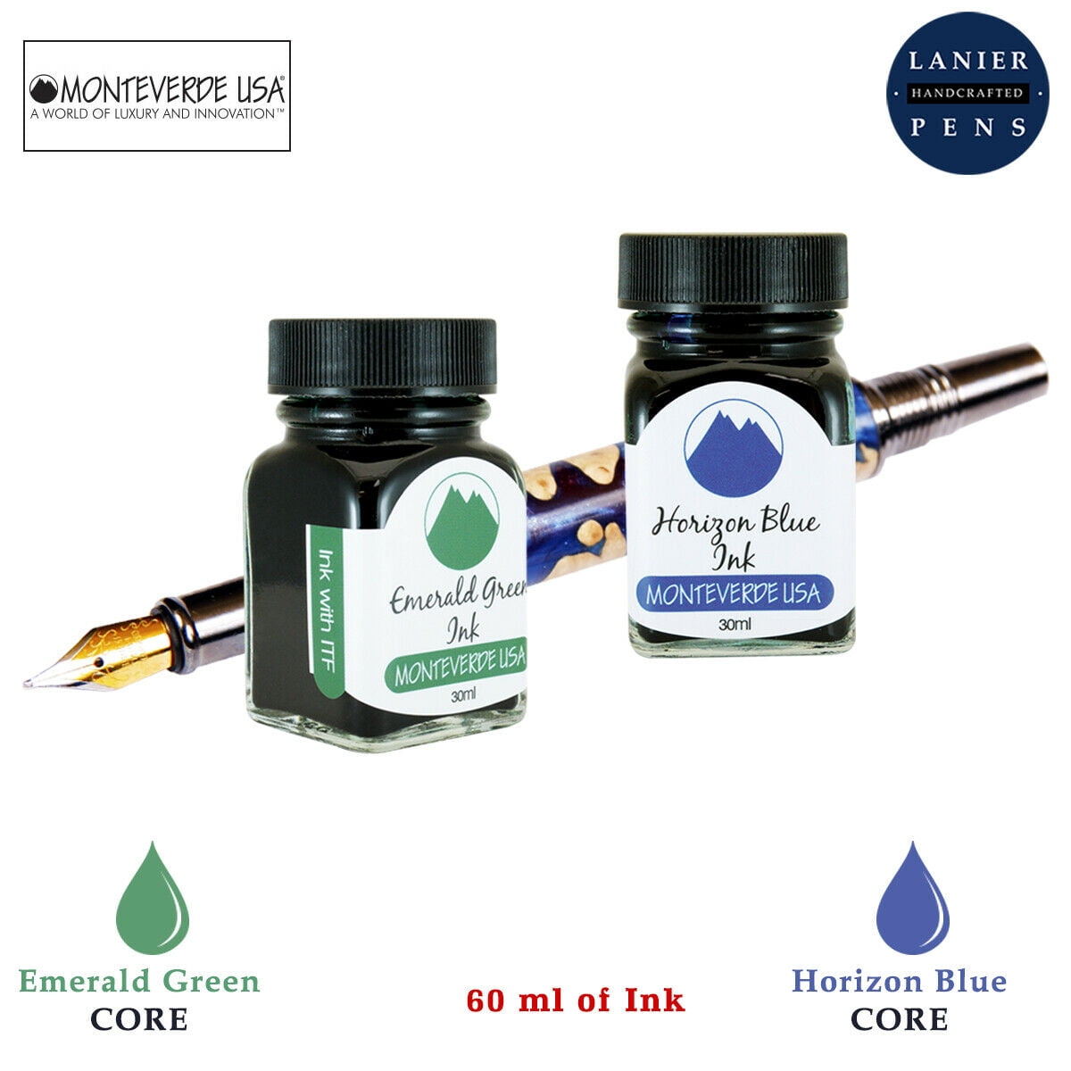 Monteverde 60ml Core Fountain Pen Ink Bottle (30ml Emerald Green Ink Bottle G309EG, 30ml Horizon Blue Ink Bottle G309HB)