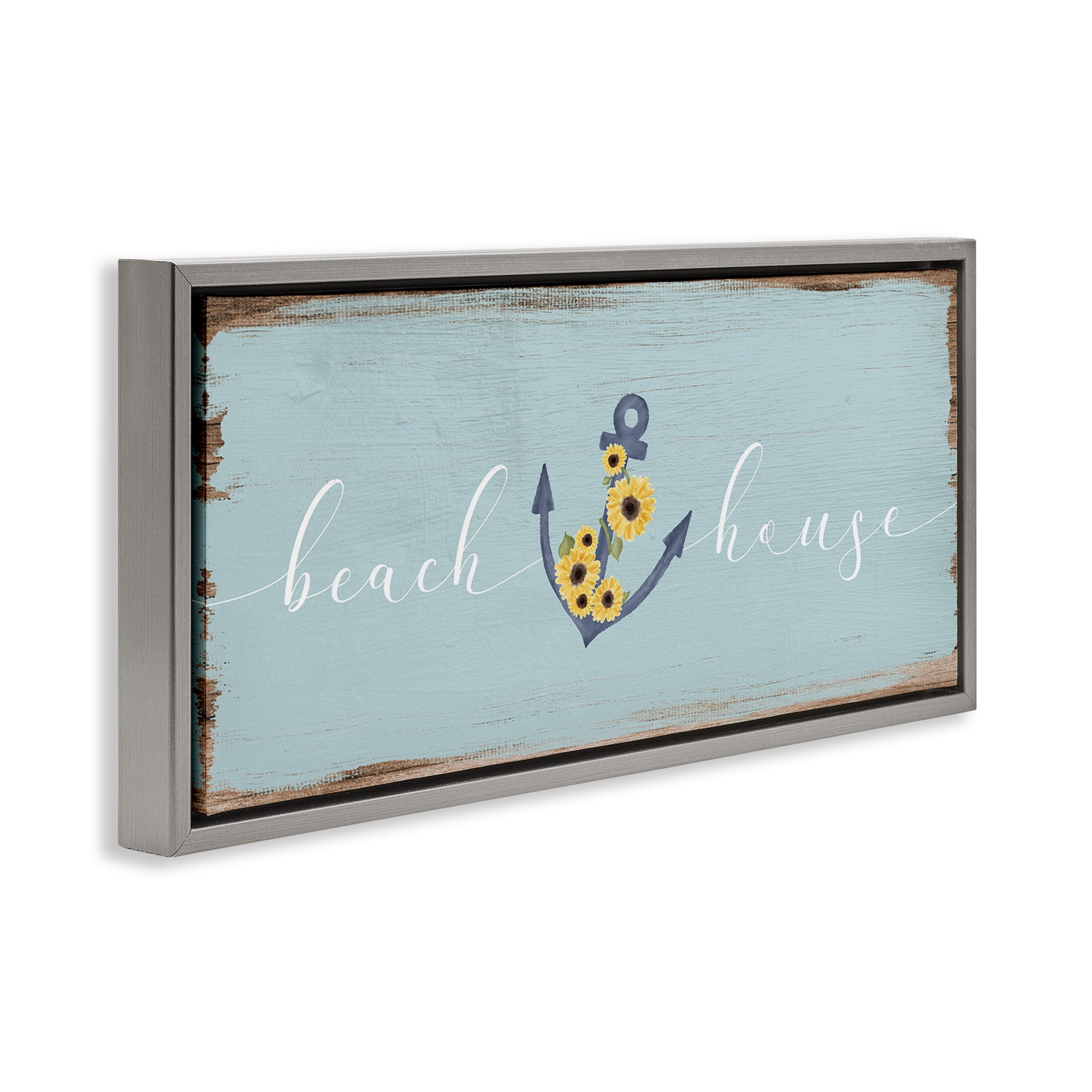 Stupell Industries Beach House with Floral Anchor Nature Painting Gray Floater Framed Canvas Art Print Wall Art, 31 x 14