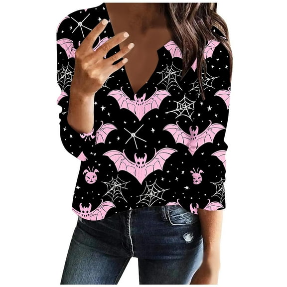 Jsaierl Halloween Shirts Women Funny Pumpkin Ghost Graphic Tees Trendy V Neck T-shirt Long Sleeve Tunic Blouse Tops Halloween Gifts