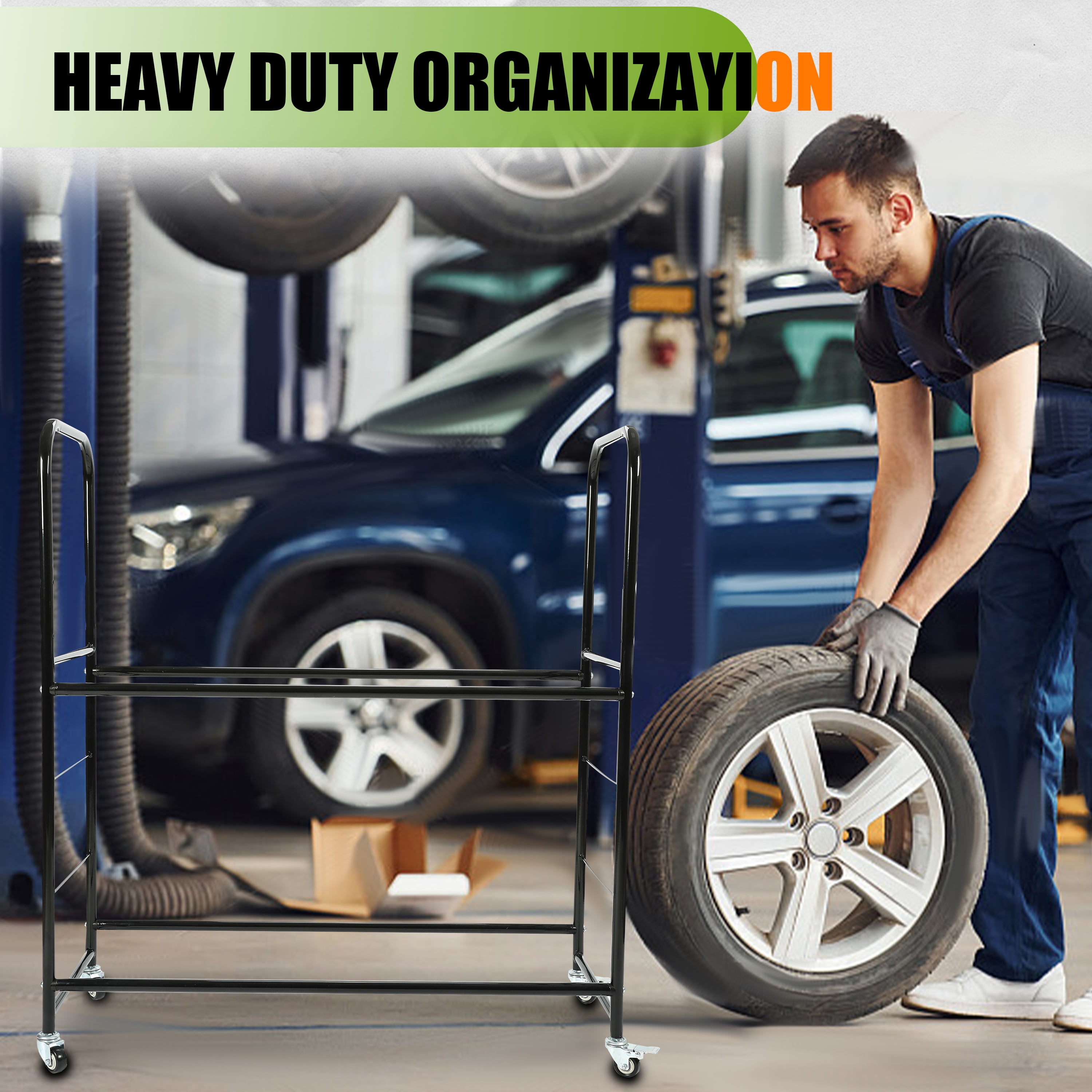 Kojem Universal Tire Storage Rack for Garage, Rolling Tire Organizer Shelving Rack w/ Adjustable Tire Stand, Steel Black, 46'' X 19'' X 44''