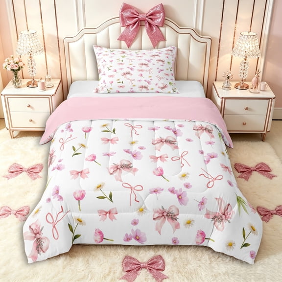 Manfei Kawaii Floral Bow Twin Comforter Sets 3-Piece for Kids Girls,Teens Chic Flowers Bowknot Bedding Set,Pink Reversible,Microfiber Bedroom Decor
