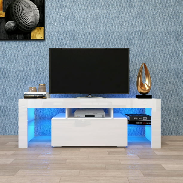 Modern TV Stand Entertainment Center with LED Background Lights and  Storage, Flat Screen TV Cabinet Console Table for Livingroom Bedroom in  White 