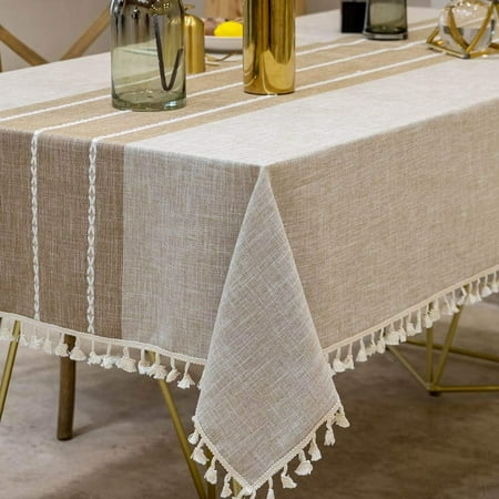 

Tablecloths Embroidered Waterproof Checkered Table Cloth Cotton Linen Wrinkle Free Anti-Fading Table Cover Decoration for Kitchen Dinning Party Christmas 55 x 120 Inch - Light Brown