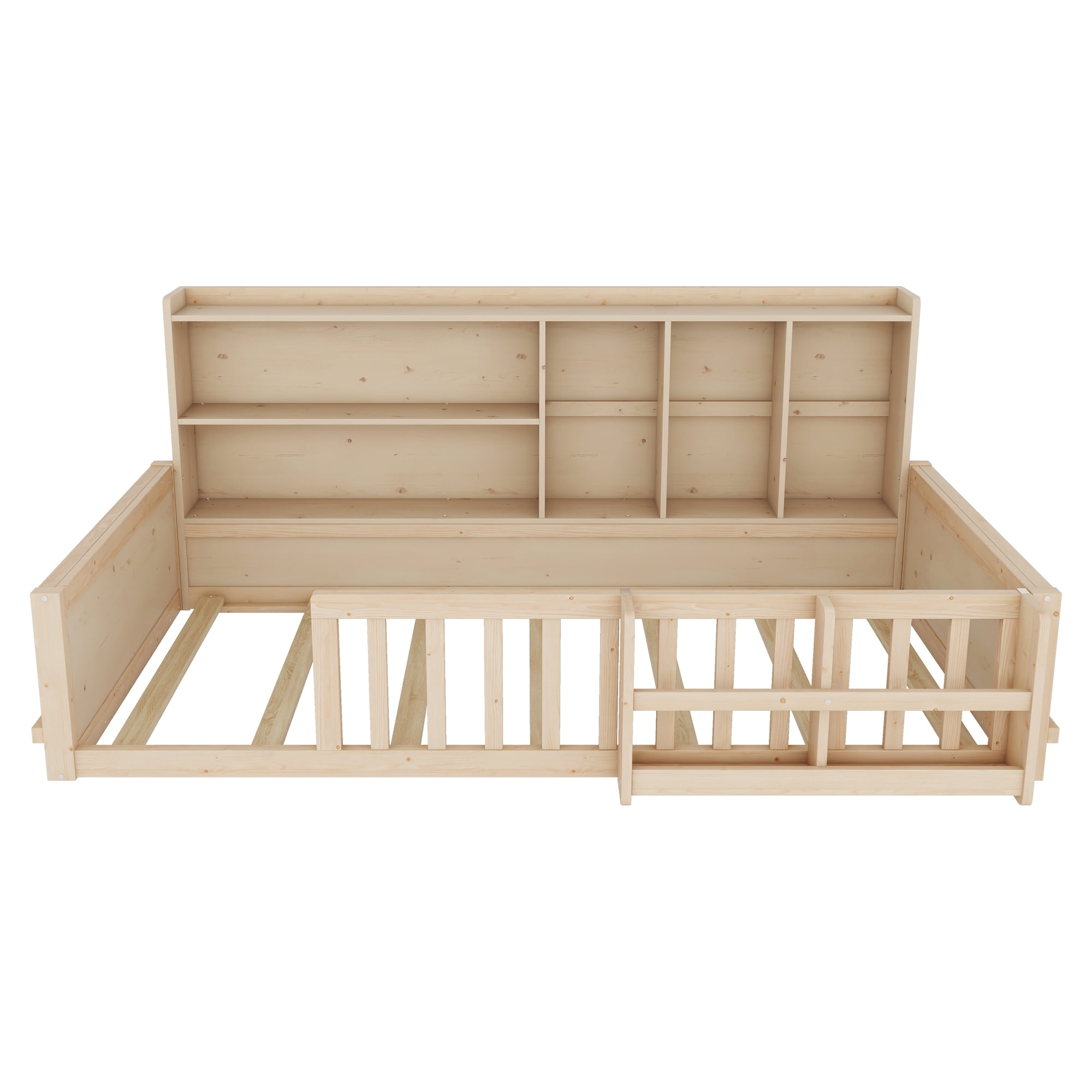 Mintazer Twin Size Montessori Floor Bed with Bookshelf & Guardrails, Kids Platform Bed Frame with Storage Cubbies for Bedroom, Natural