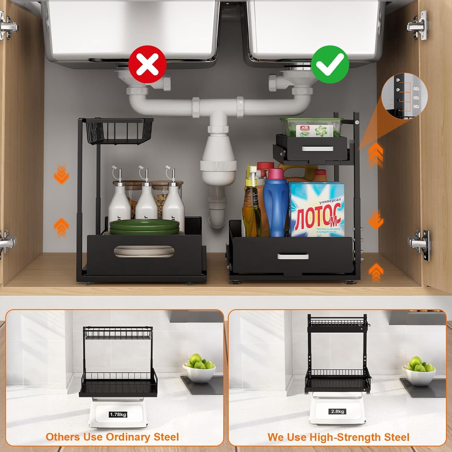 2 Pack Under Sink Organizer, 2 Tier Slide Out Cabinet Organizer with Pulley, Height Adjustable Pull Out Shelf for Kitchen, Bathroom, Laundry and Utility Storage, Black