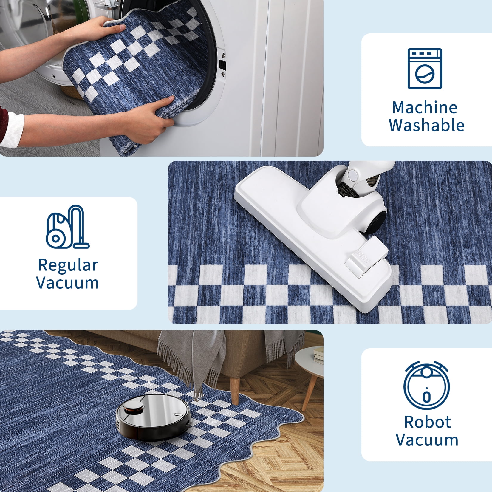 Garvee 10'x13' Scalloped Area Rug, Geometric Neutral Bordered Indoor Rugs Washable Rug Stain-Resistant Low Pile Carpet for Living Room Bedroom Home Decor, Blue