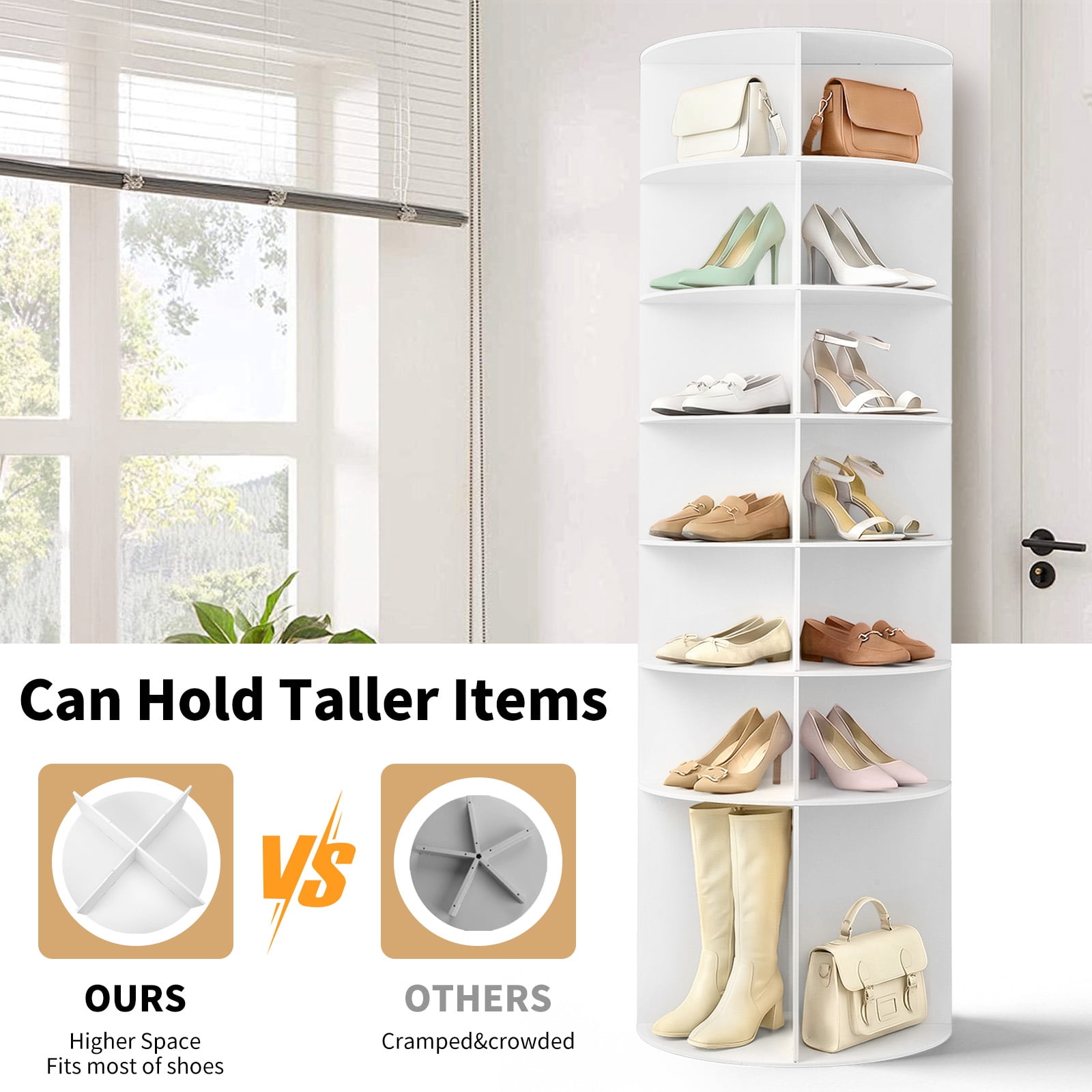 Ktaxon 7-Tier Rotating Shoe Rack Tower,  Free Standing 360° Revolving  Organizer, 28 Pairs of Shoes/ Bag, White