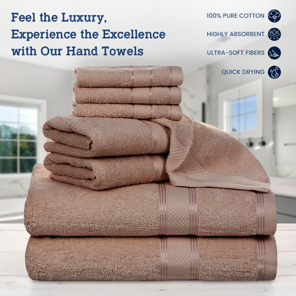 Casa Lino 8Pc Premium Bath Towel Set (2 Bath Towels, 4 Washcloths, 2 Hand Towels) - 100% Cotton, 400GSM & Ultra Absorbent (Coffee)