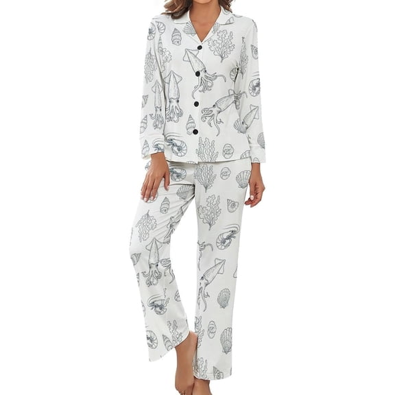 Top-kevin Pajama Sets for Womens Lobster Pattern Loose Button Down Long Sleeve Shirts And Pants Set