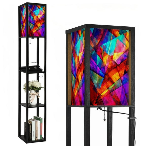 Floor Lamp with Shelves,Modern Dimmable Standing Lamp Fluorescen Corner Display Bookshelf Lamp with 2 USB & 1 Power Outlet for Living Room & Bedroom