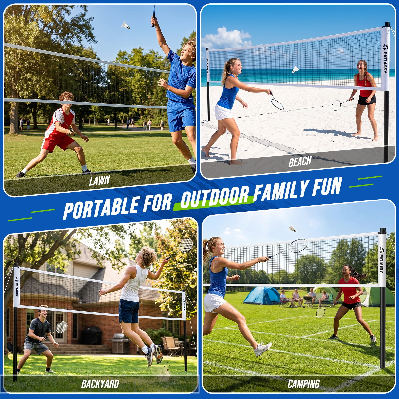 Patiassy Badminton Set with Net for Backyard, 4 Rackets, Portable Easy Setup, Anti-Sag Net System, Outdoor Family Game Kit with Carrying Bag