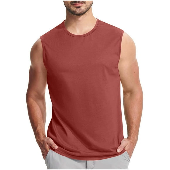 Brnmxoke Sleeveless Running Shirt Men Cooling Crewneck Muscle Athletic Tank Top Quick Dry Shirts for Workout Swim Gym Red,XL