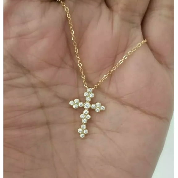 14K Yellow Gold Plated 2Ct Round Cut Lab Created Diamond Cross pendent Free Chain