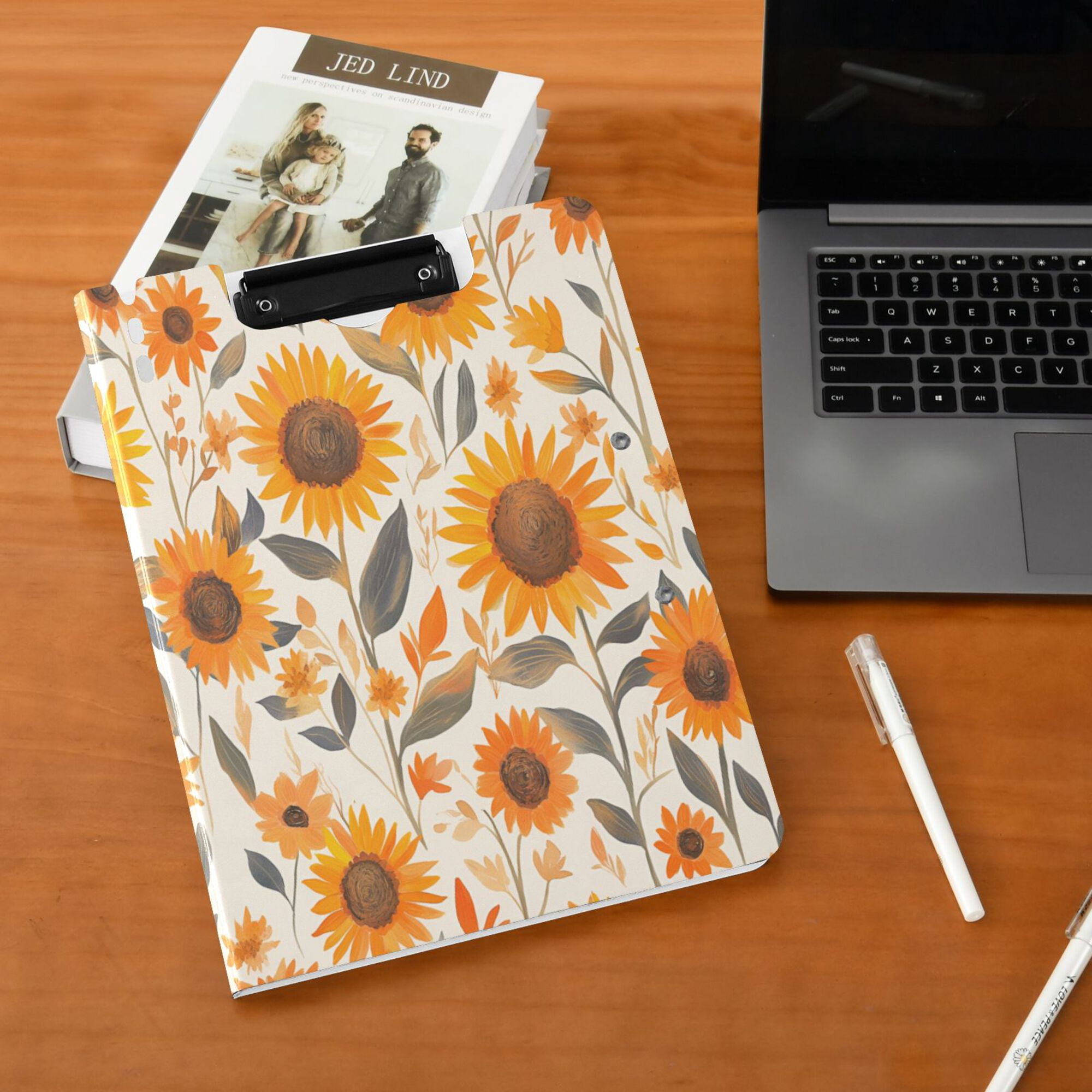 FORMRS A4 Clipboard Folder with Pen Holder Horizontal Foldable School Office Binder, Watercolor Sunflowers and Leaves