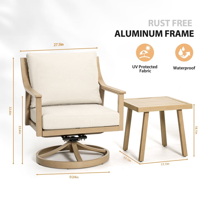 3-Piece Patio Bistro Set, All-Weather Aluminum Outdoor Conversation Set Includes 1 Side Table and 2 Cushioned Swivel Rocker Chairs