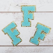 3 Pack Chenille Iron On Glitter Varsity Letter "F" Patches - Blue Chenille Fabric With Gold Glitter Trim - Sew or Iron on - 5.5 cm Tall
