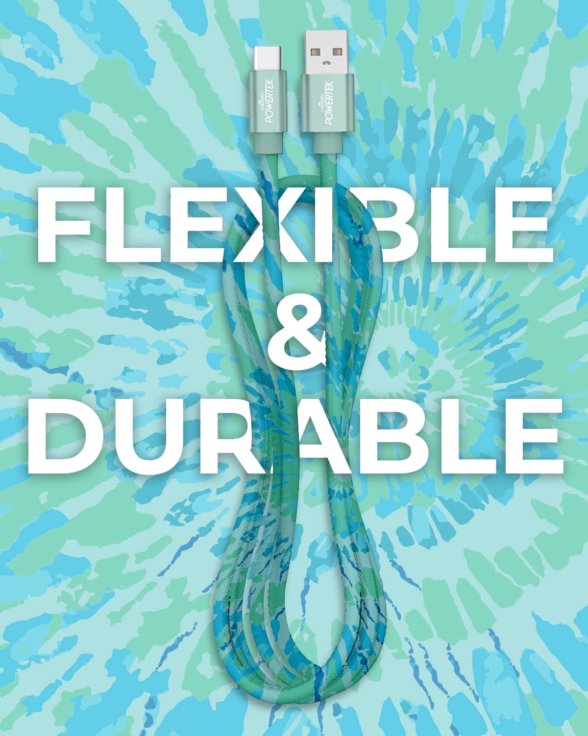 Liquipel Powertek Type-C Fast Charger Cable, 6ft USB-C for Galaxy, Note, Tab, MacBook, Tie Dye