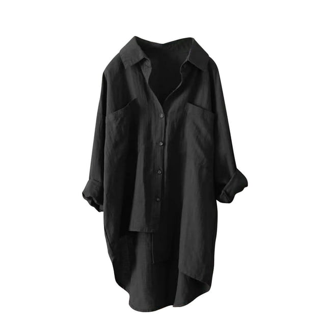 Chemises à Boutons pour Femmes Manches Longues Retroussables Ourlet Haut-Bas Blouse Décontractée