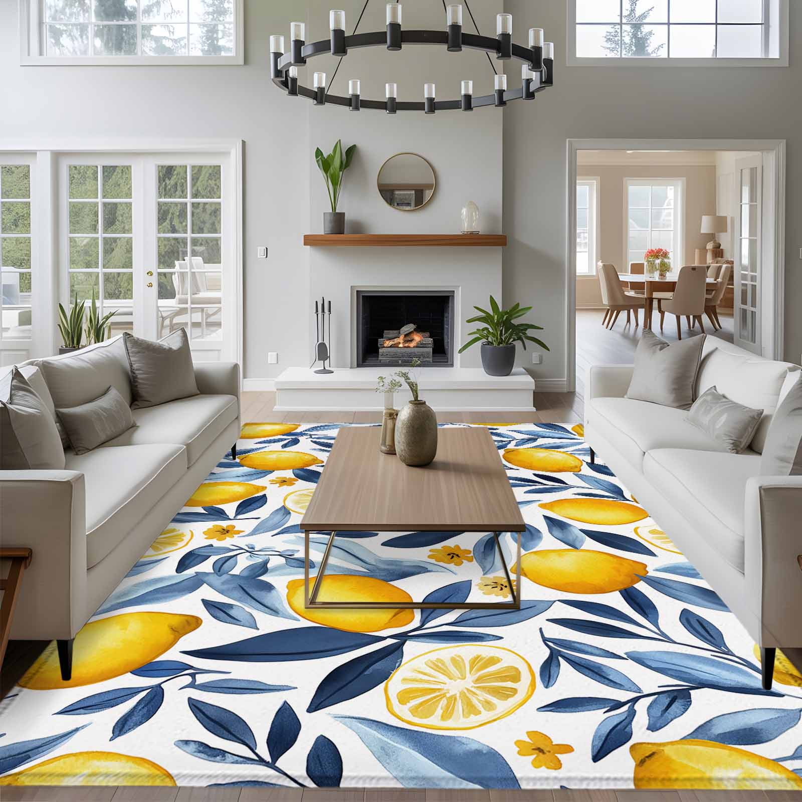 Area Rug 5'x7', Yellow Lemon Non-slip Runner Rug Carpet for Bedside, Blue Flower Leaves Spring Summer Plant Washable Outdoor Indoor Area Rugs Mat for Entryway/Living Room/Bedroom/Kitchen/Office