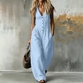 thumbnail image 3 of LEAVINGSUO Jumpsuits for Women Summer Casual Sleeveless V-neck Jumpsuit Button Style Wide Leg Workwear Pocket Jumpsuit Light Blue M, 3 of 5