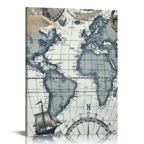 BCIIG World Map Compass Canvas Wall Art Home Office Decor 12x16 in