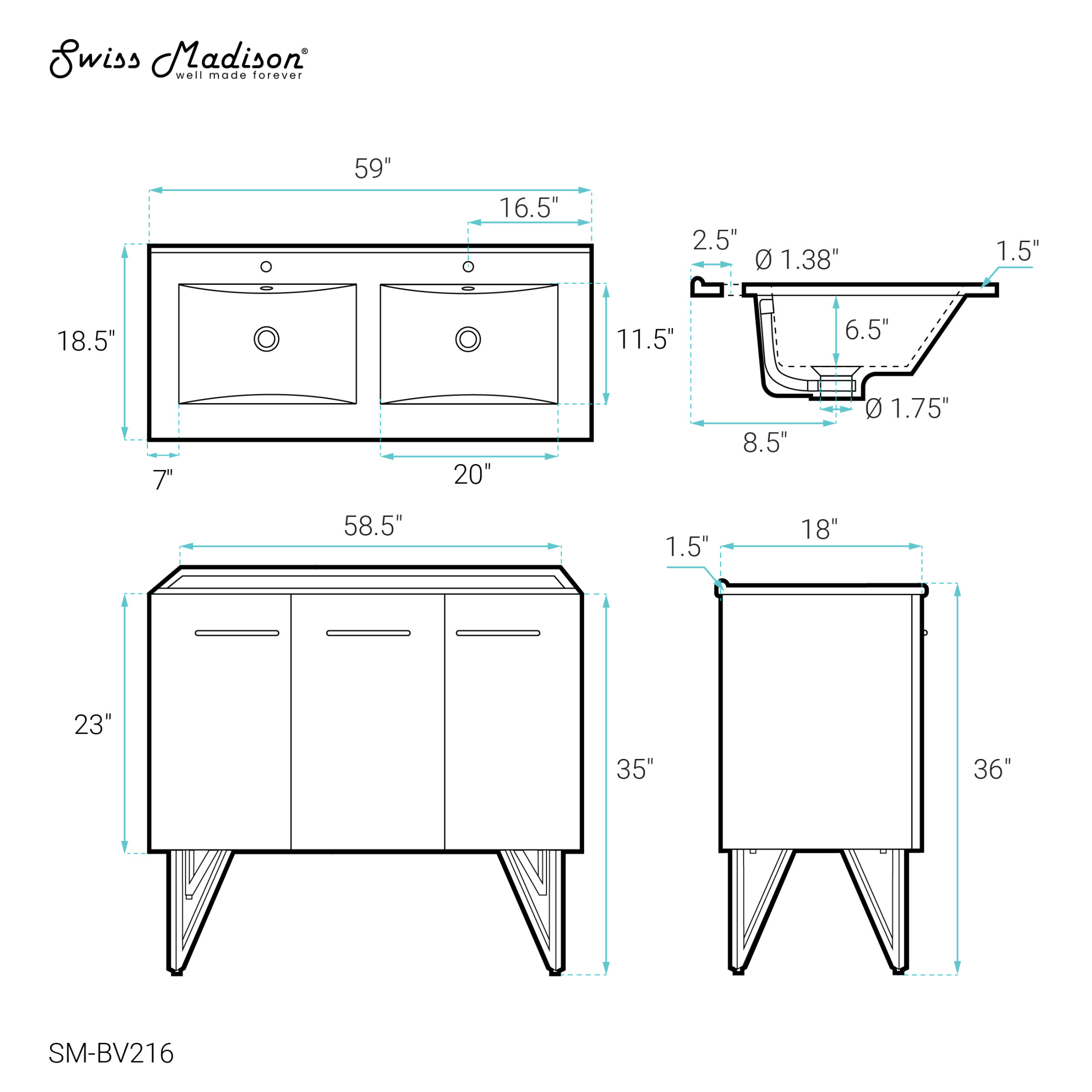 Annecy 60" Freestanding Bathroom Vanity in White with Sink Top