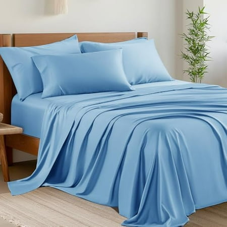 6 Piece California King Sheet Sets, Cooling Sheets, Blend Rayon Derived from Bamboo, Deep Pocket Up to 16", Breathable & Soft Bed Sheets, Hotel Silky Bedding Set, Lake Blue
