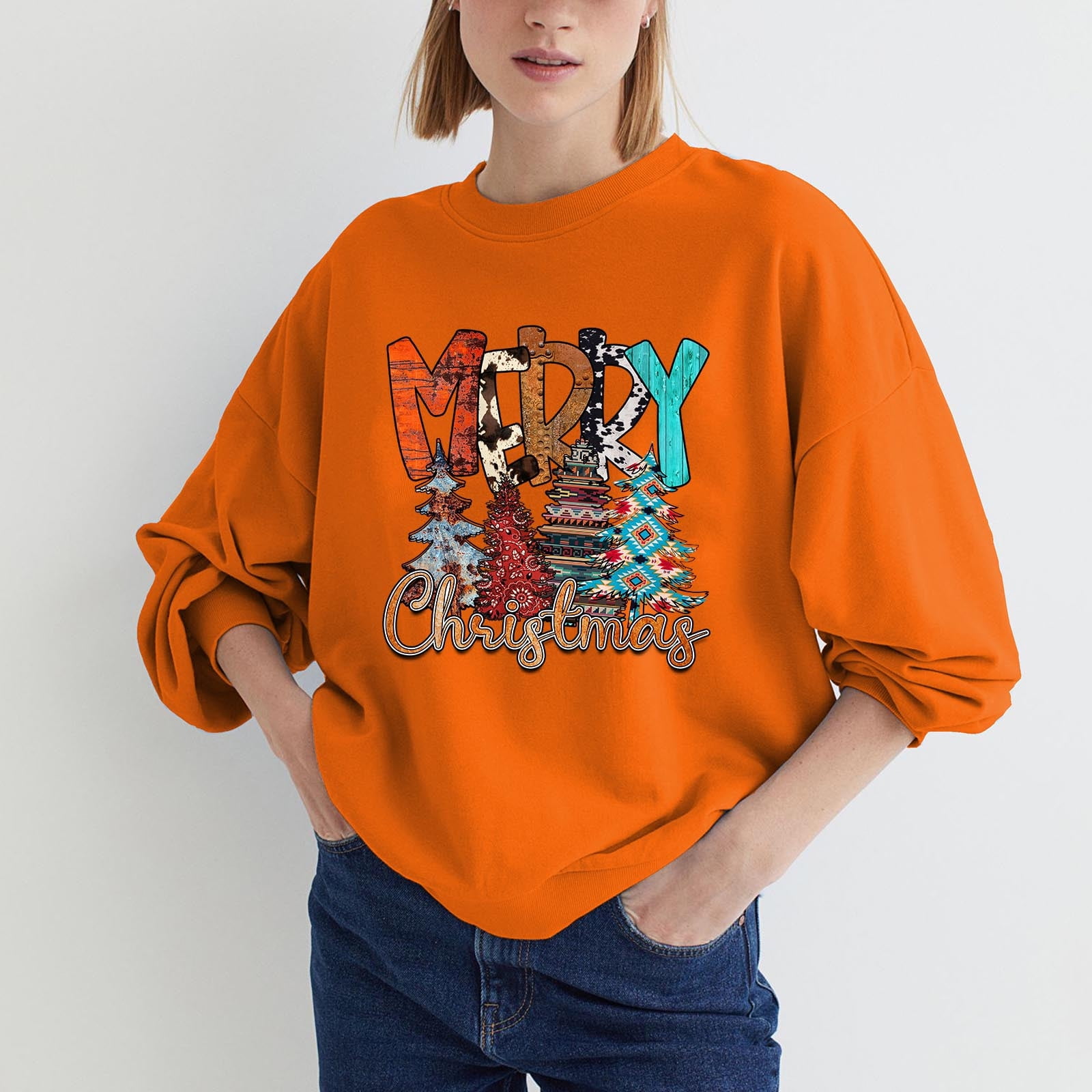Fiudx Long Sleeve Tops,Women's Fashion Loose Long Sleeve Round-Neck Blouse Christmas Printing T-Shirt Tops No4631