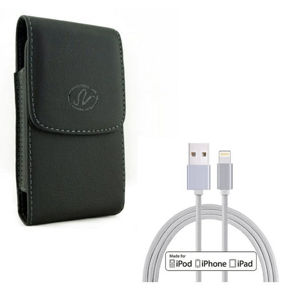 Leather Case Belt Clip w 10ft MFi USB Cable for #model_series - Holster Cover Pouch Vertical Carry and Certified Charger Cord Power Wire Braided