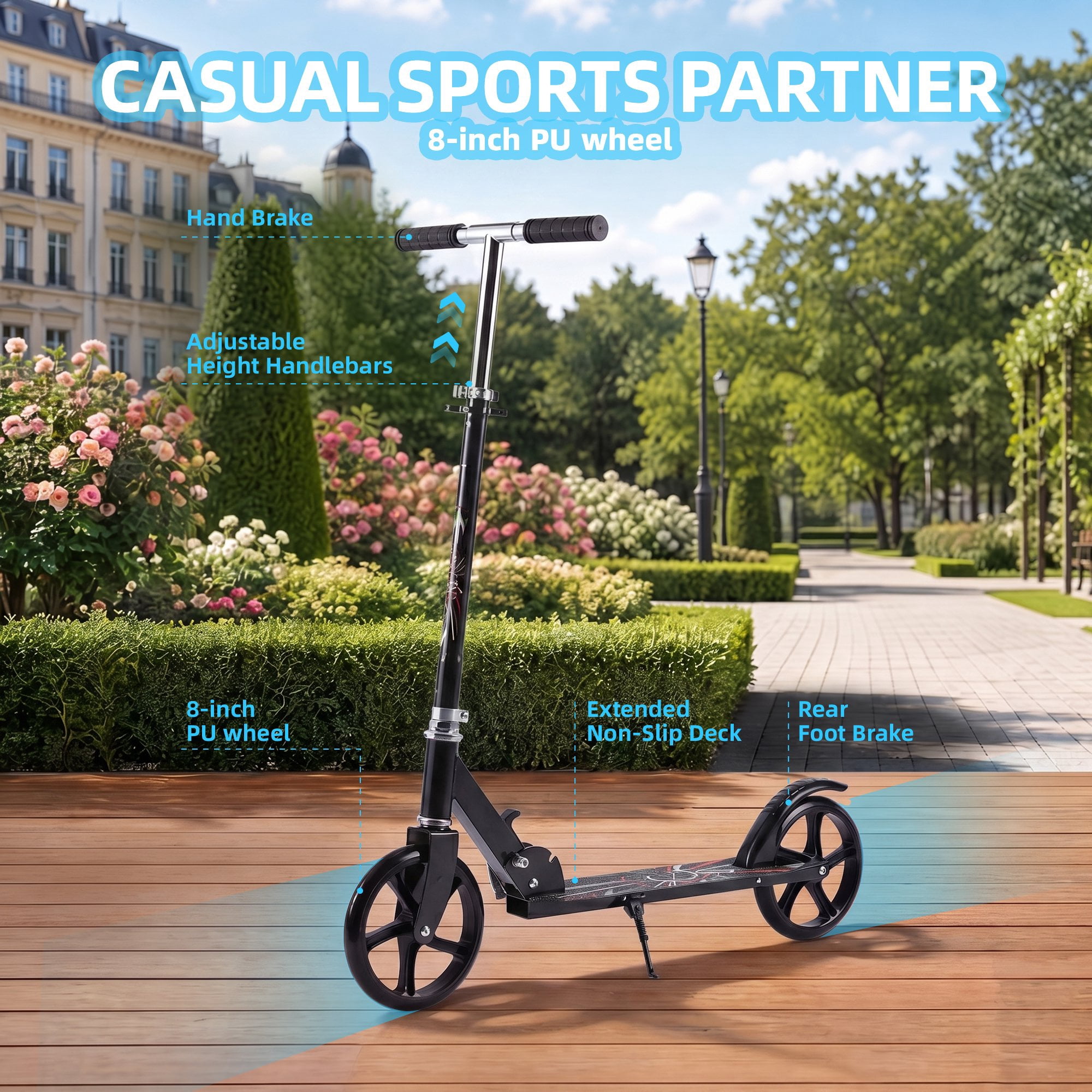 Redsmile Kick Scooter with 3 Adjustable Levels,Folding Commuter Scooter 8 Inch Big Wheels for Teens & Adults,Black