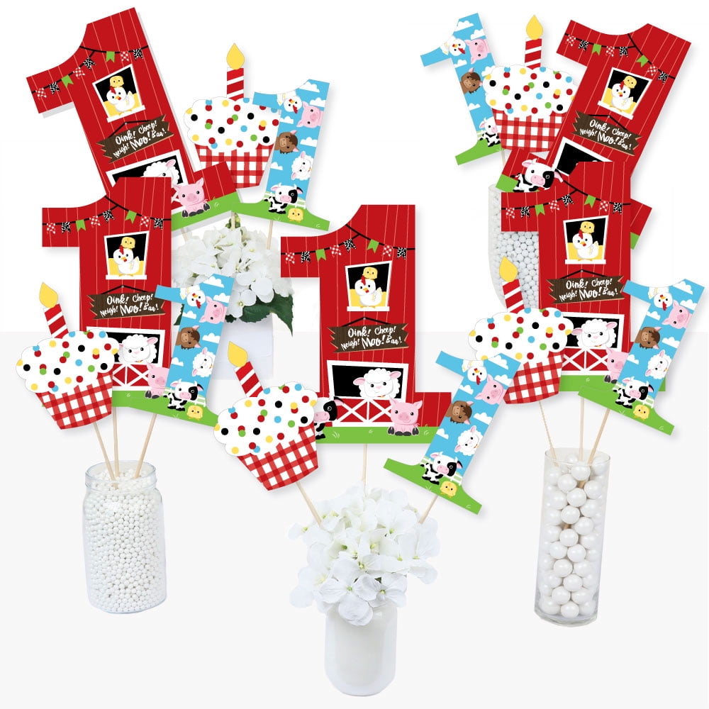 1st Birthday Farm Animals - Barnyard First Birthday Party Centerpiece Sticks - Table Toppers - Set of 15