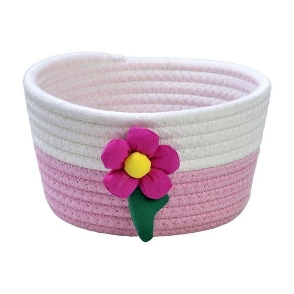 Small Rope Woven Storage Basket for Home Office for Organizing Makeup Keys, Cute Decorative Bins for Desktop Use Pink