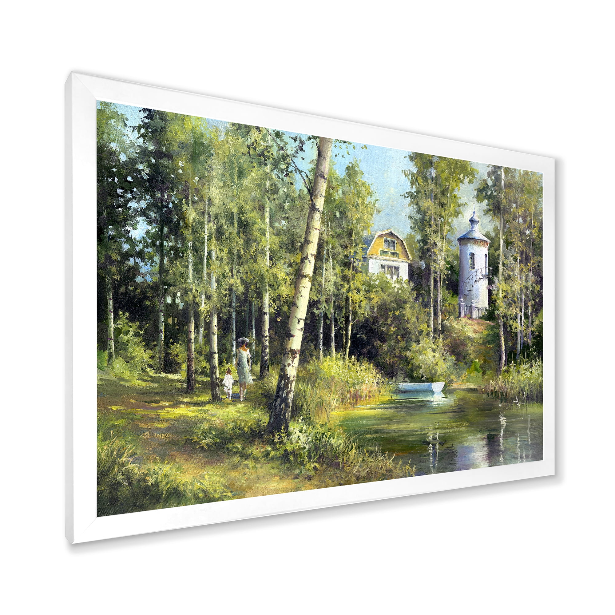 Designart 'The Wood River With Boat On A Decline By The Castle' Lake House Framed Art Print