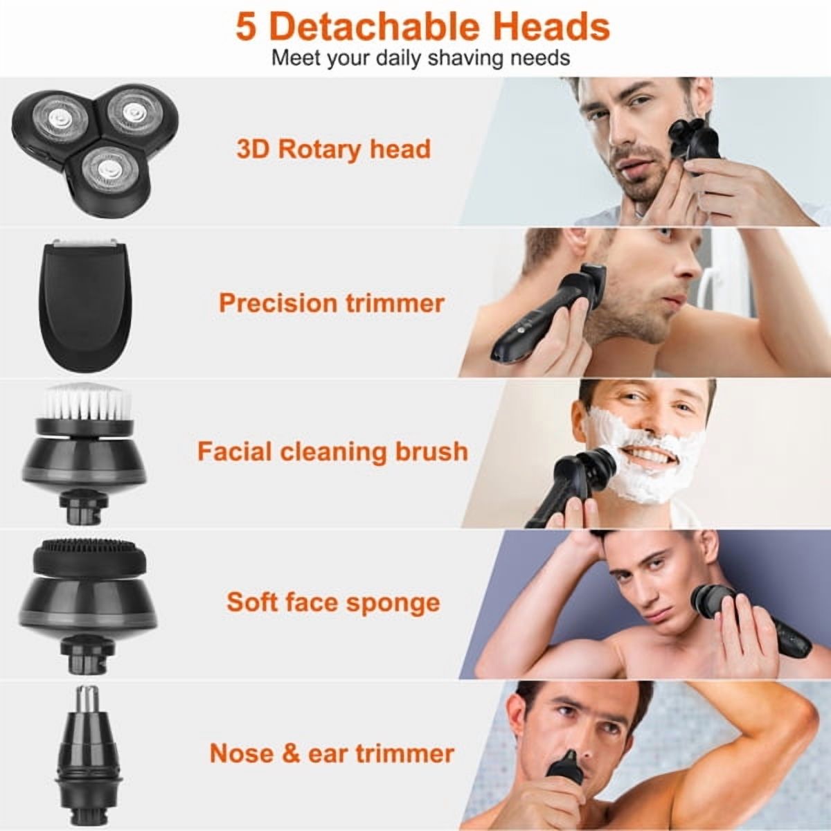 5 in 1 Men's Grooming Kit w/ 3D Rotary Shaver, Nose Trimmer, Facial Brush, Precision Trimmer & Sponge - Black, IPX6 Waterproof, USB Rechargeable, Travel Ready