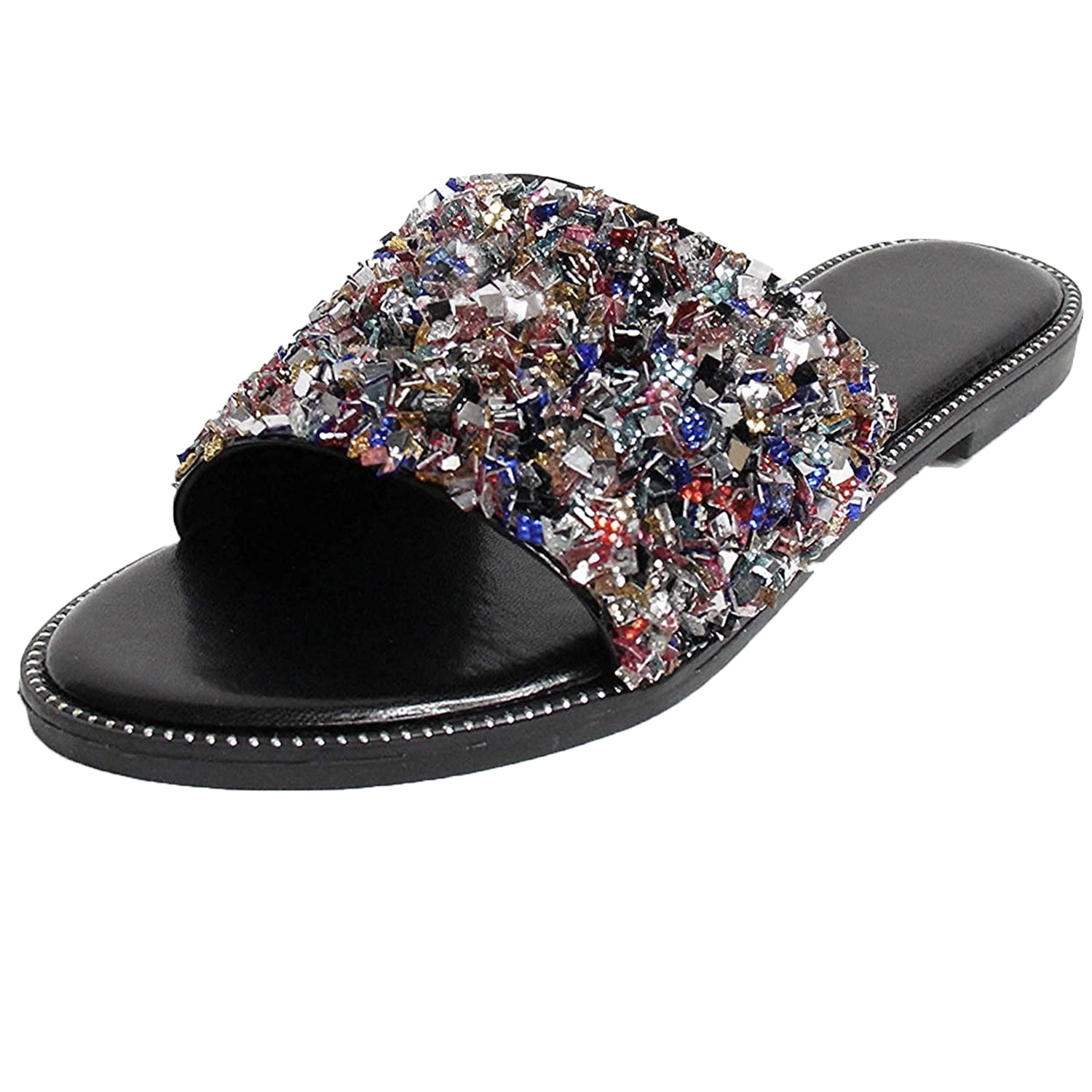 LADIES WOMEN GLITTERING SLIDERS SLIPPERS SPARKLY SANDALS SHOES BEACH PARTY MULES 