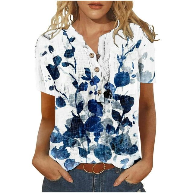 Cameland T-Shirt Décontracté d'Été pour Femmes à Manches Courtes Col Rond Boutonné Blouse Chandail Tops