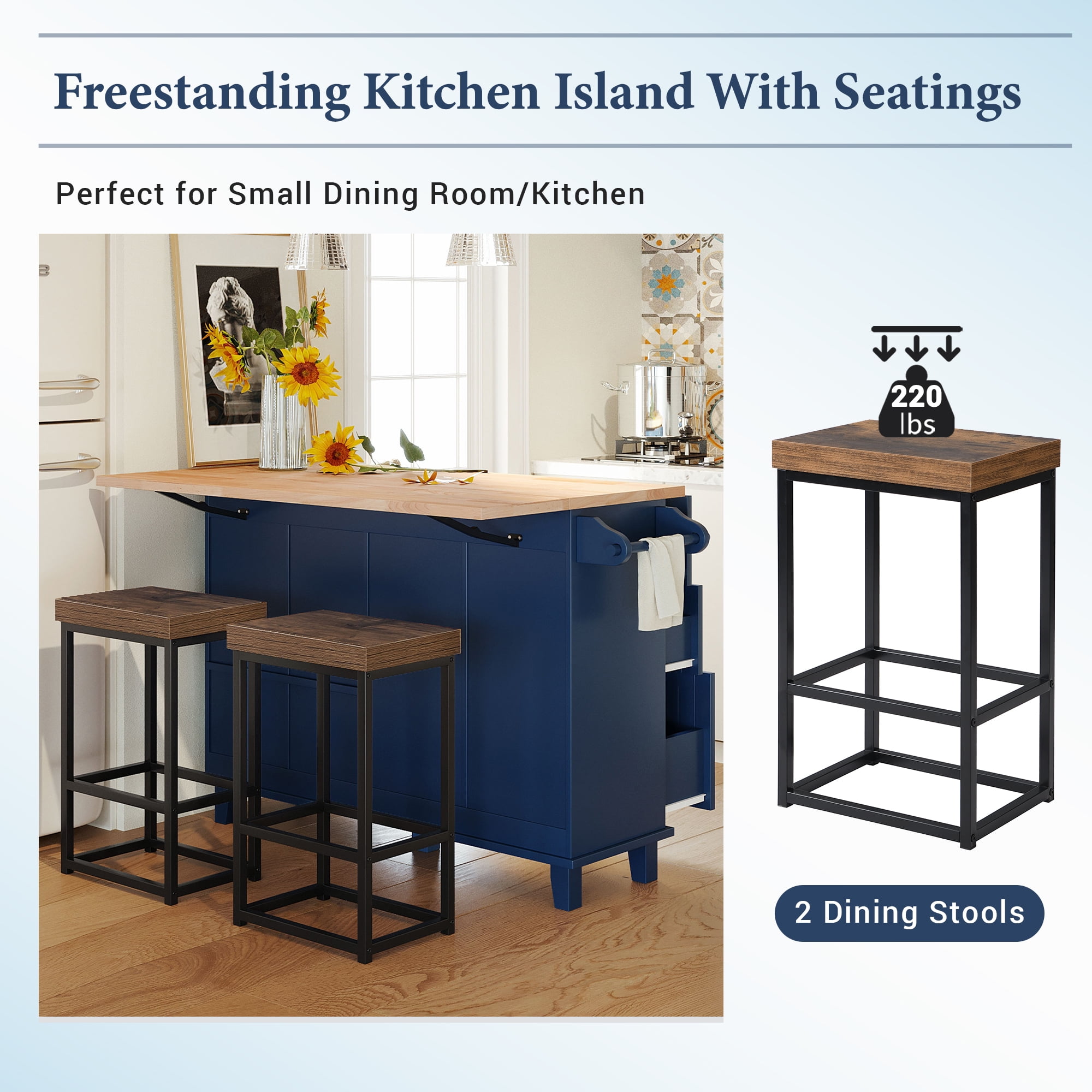 Yoneston Farmhouse Kitchen Island Set with 2 Stools, Dining Table Set with Drop Leaf, Storage Cabinet, Drawers and Towel Rack for Kitchen Dining Room, Blue