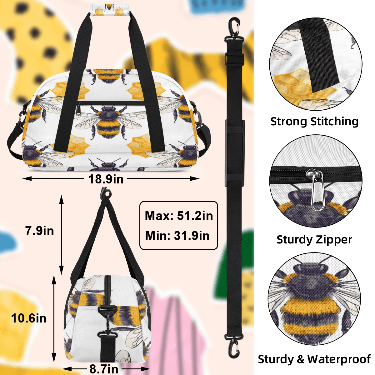 Herdesigns Honey Bee Sports Duffle Bag for Women & Men, Honeycomb Bee Gym Bag Dance Bag Overnight Bag Carry On Weekender Travel Bag