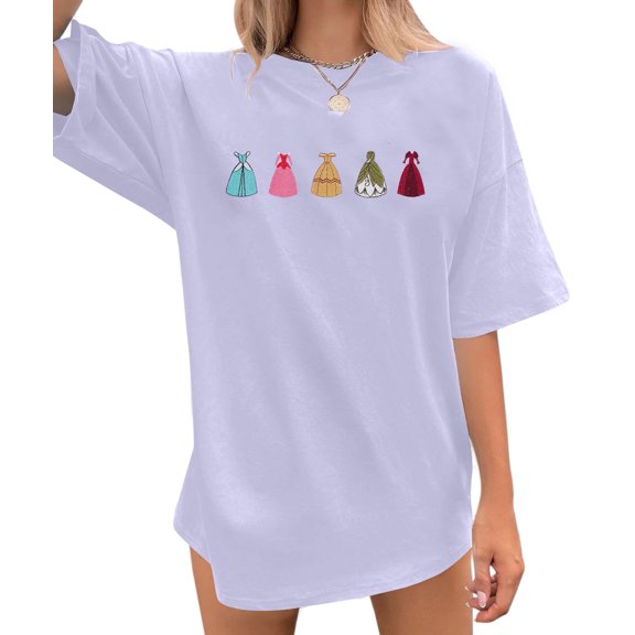 ALLTB Magical Shirt for Women Cute Embroidered Princess Dress Graphic Oversized T Shirt Women Family Holiday Vacation Tee Tops